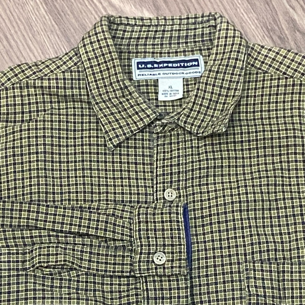 US Expedition Plaid Button Up Outdoor Shirt Mens XL Yellowish Green Cotton
